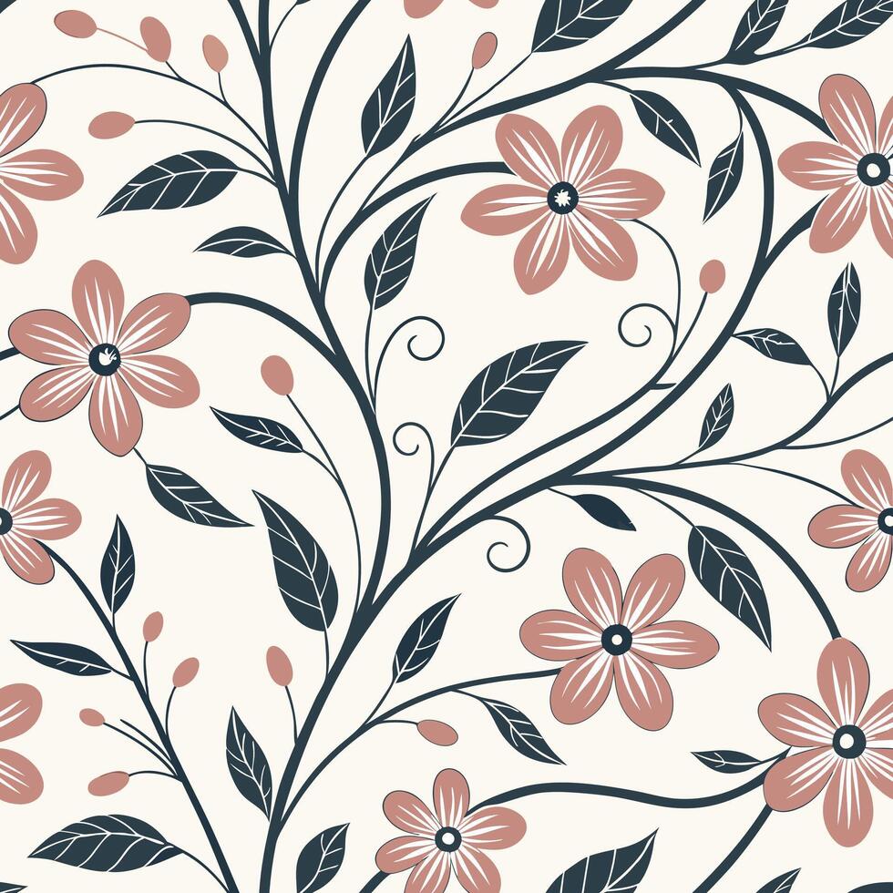 Seamless Pattern Dusty Rose Flowers Dark Teal Leaves Cream Background Repeating Floral Design Textile Print vector