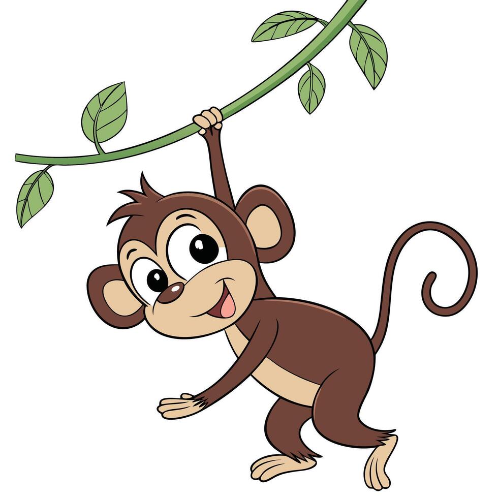 Brown monkey swinging on green vine with leaves vecto vector