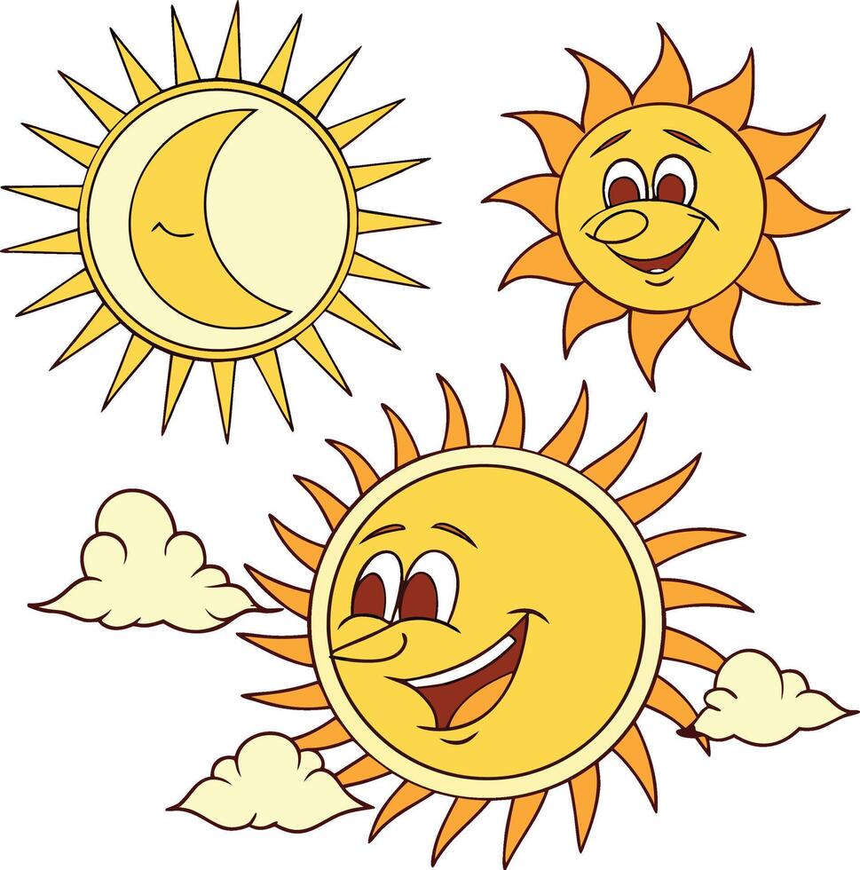 Cheerful suns and crescent moon with clouds yellow orange vector