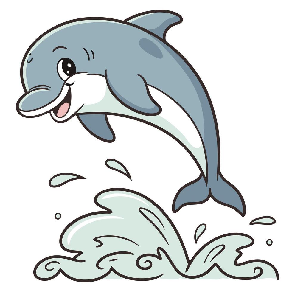 Cheerful grey dolphin leaping through light blue water splashes cartoon vecto vector
