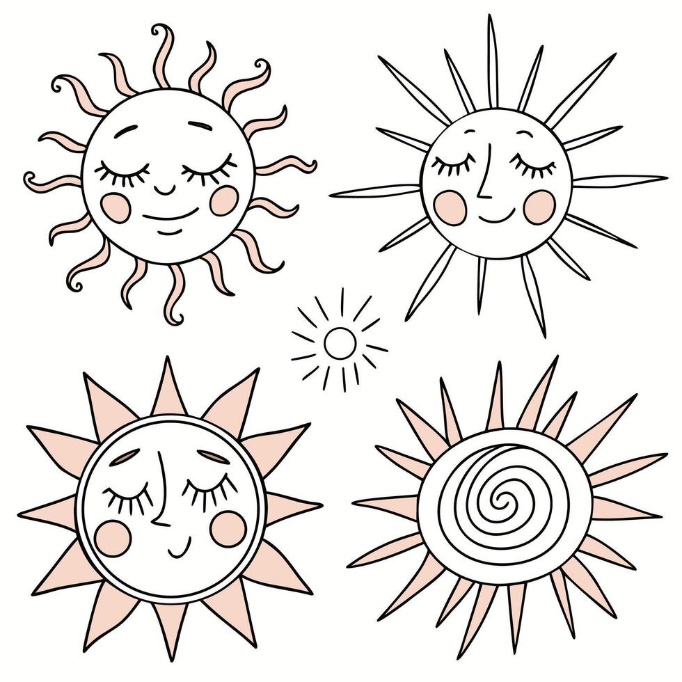 Hand drawn suns with faces and blush cheeks drawing illustration vector