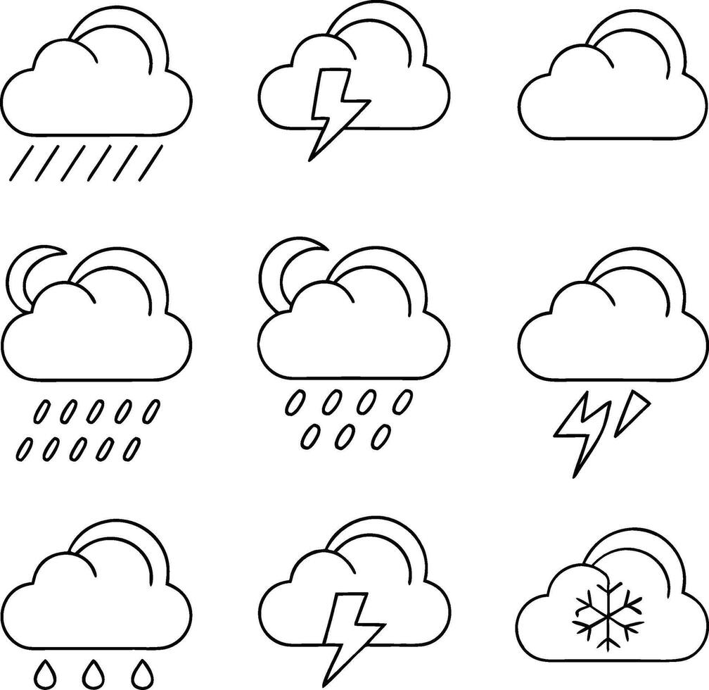 Minimal black and white cloud weather icons rain lightning vector