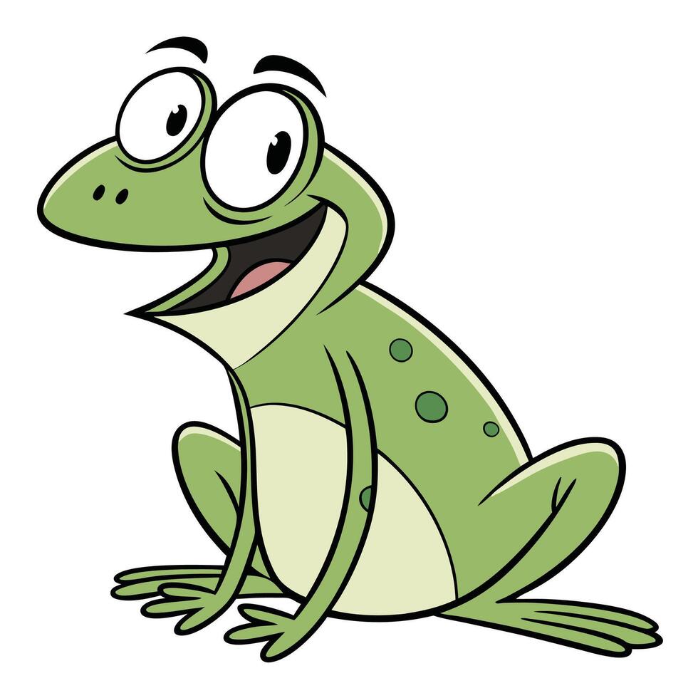 Cheerful green cartoon frog sitting with wide open mouth and big eyes vector