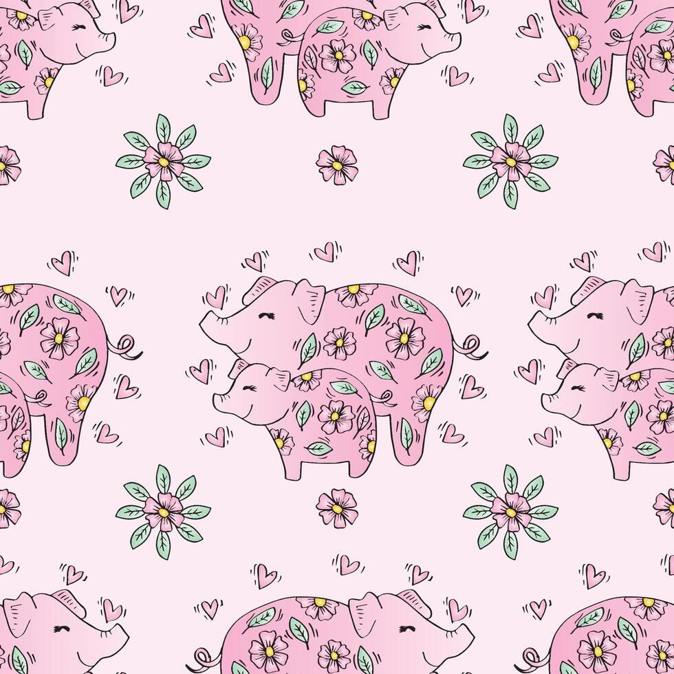 Seamless pattern with cute pigs and flowers. vector
