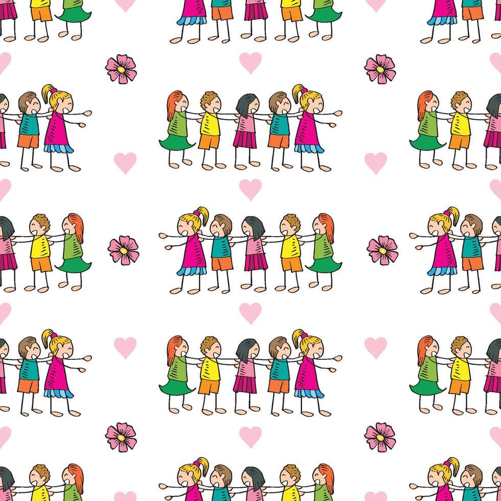 Seamless pattern with children playing and holding hands. vector