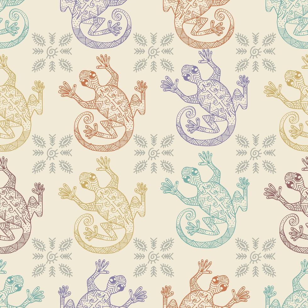 Seamless pattern with gecko lizards and tribal ornaments. vector