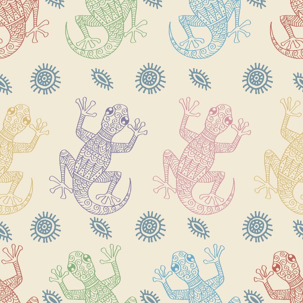 Seamless pattern with gecko lizards and tribal ornaments. Vintage style. vector