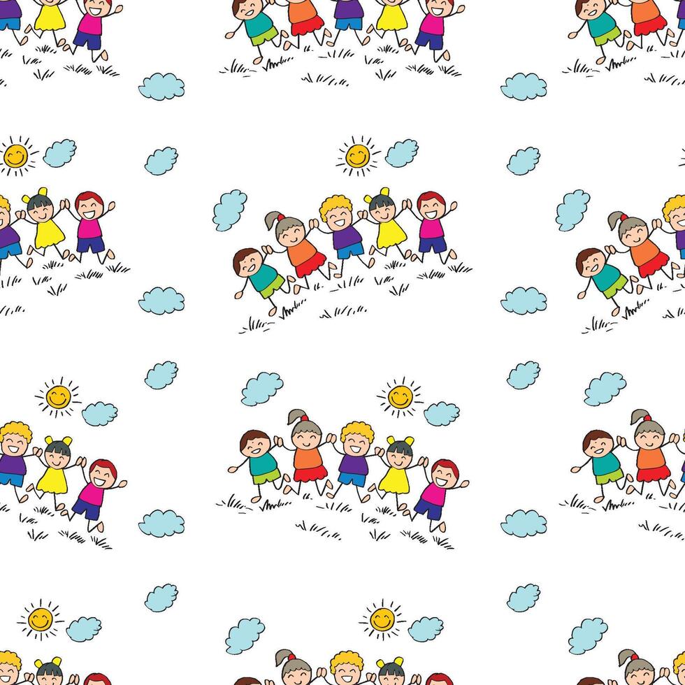 Seamless pattern with happy children holding hands and smiling together in a sunny day vector