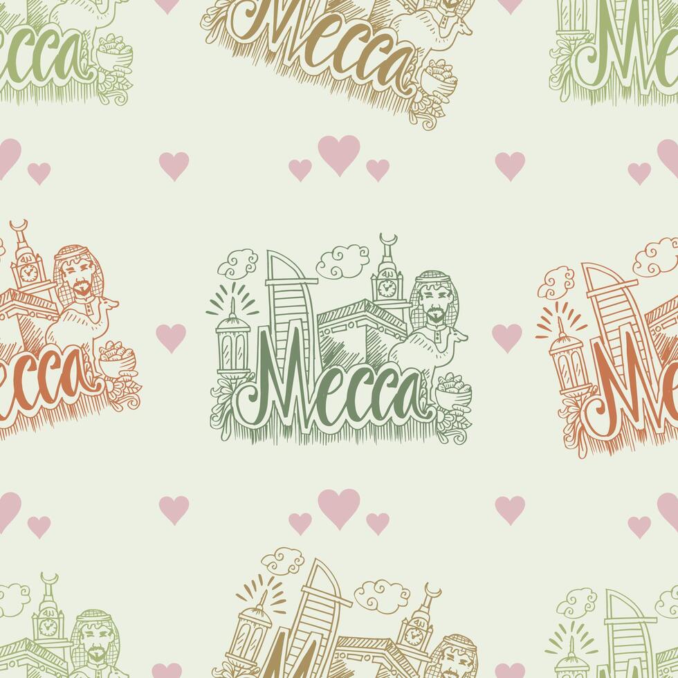 Seamless pattern with hand drawn doodle mecca travel illustration. vector