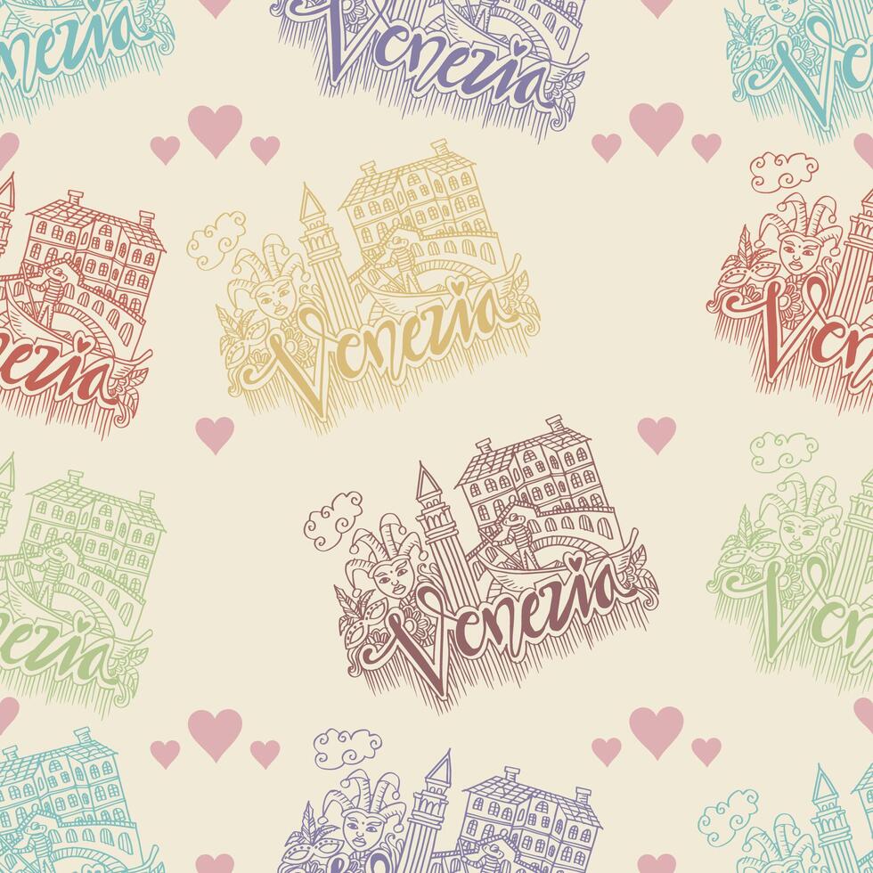 Seamless pattern with hand drawn doodle fenezia travel illustration. vector