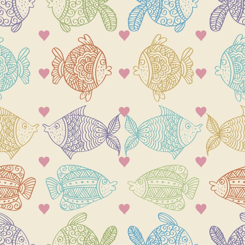 Seamless pattern with fish and hearts. vector