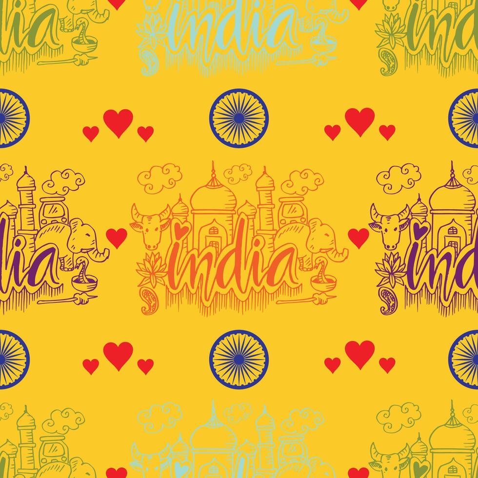 Seamless pattern with hand drawn doodle india travel illustration. vector