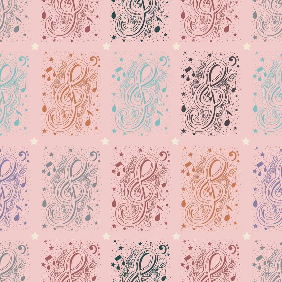 Seamless pattern with musical treble clef composition with notes and stars vector
