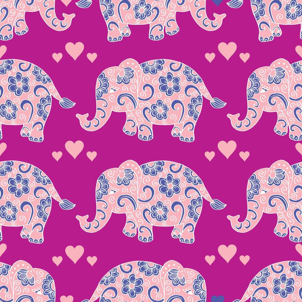 Seamless pattern with pink elephants and hearts. vector
