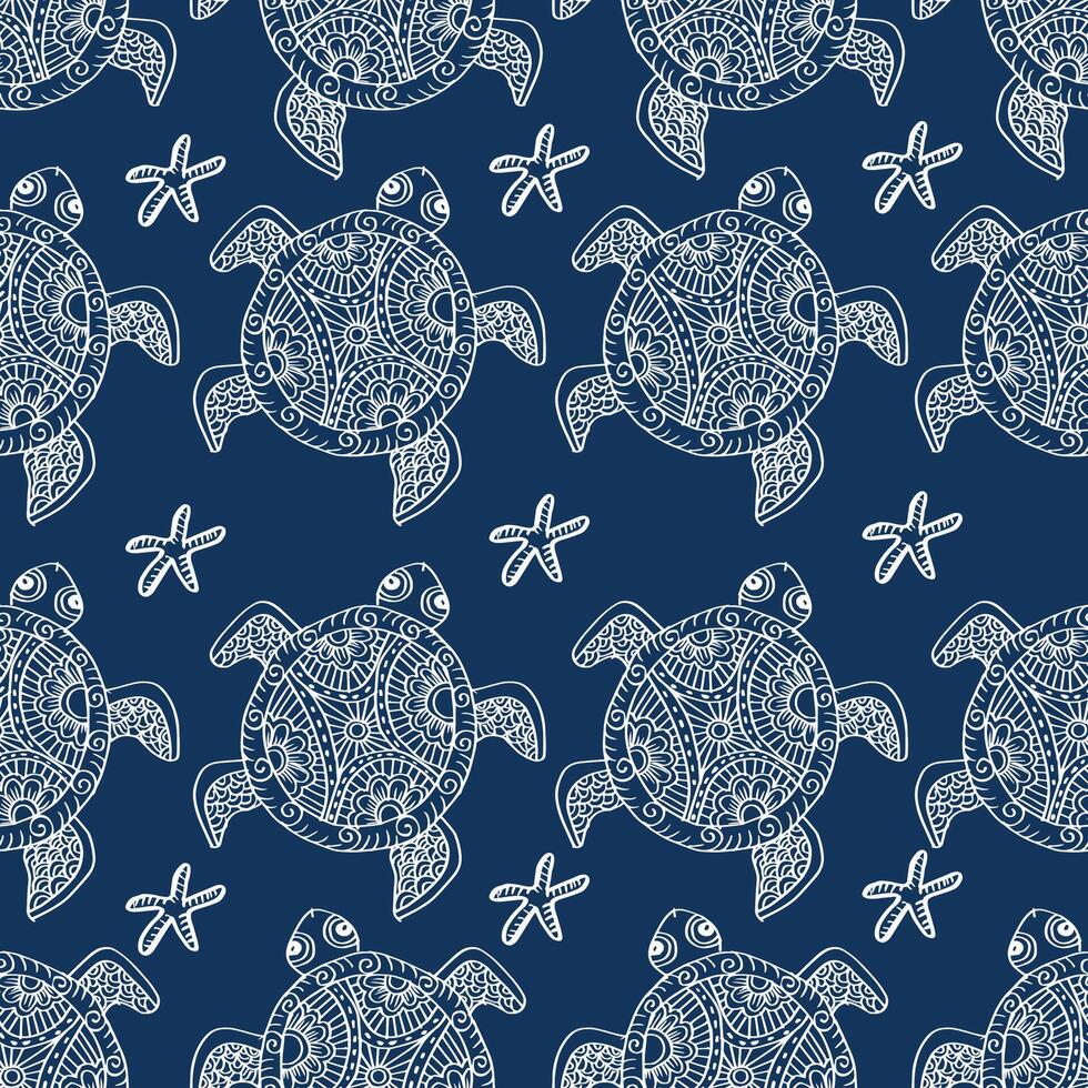 Seamless pattern with hand drawn sea turtles and starfish. vector