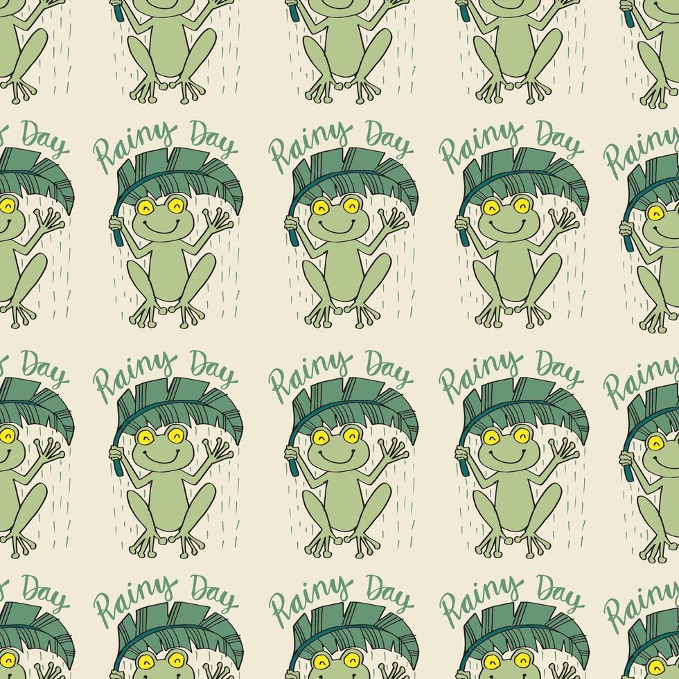 Seamless pattern with cute frogs enjoying a rainy day vector