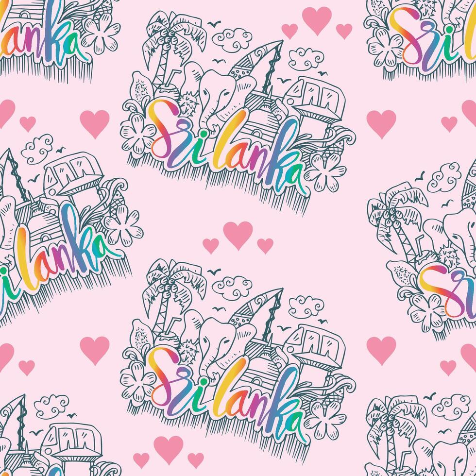 Seamless pattern with hand drawn doodle sri lanka travel illustration. vector