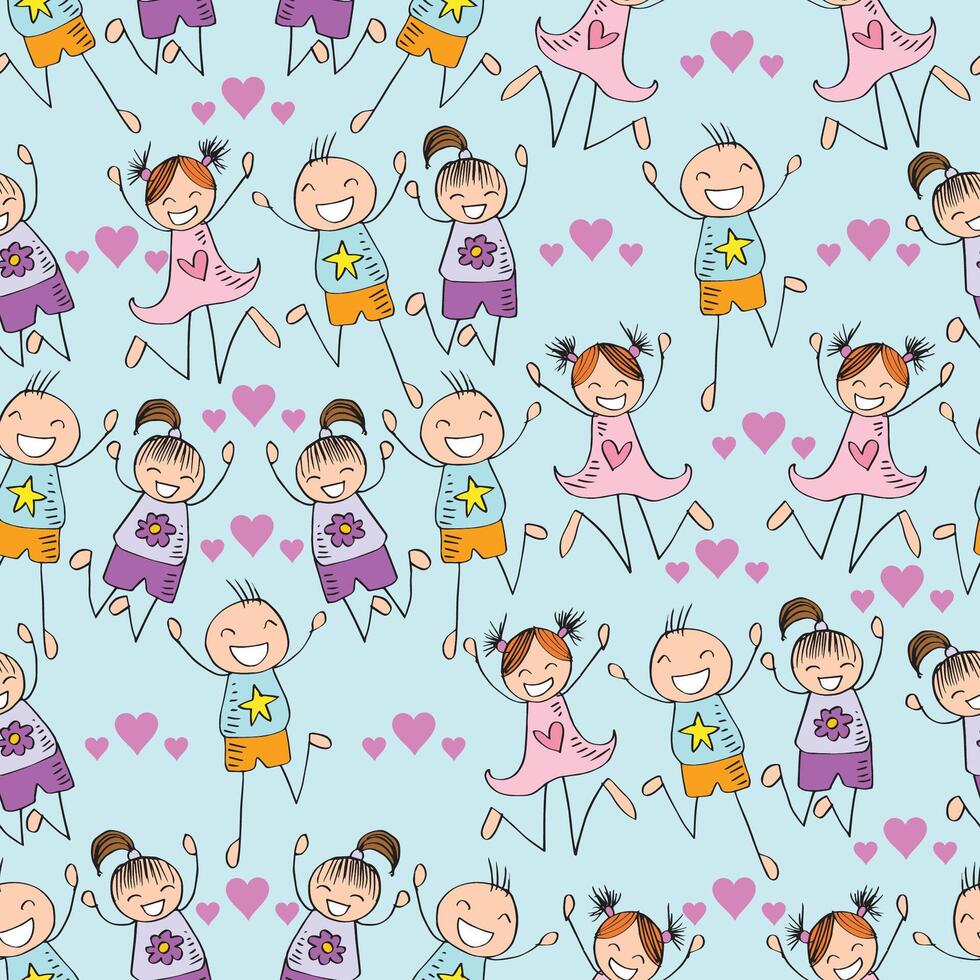 Seamless pattern with hand drawn doodle cheerful children jumping with joy and hearts vector