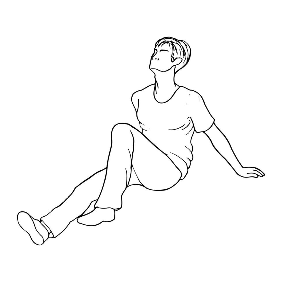 man in full height sitting on the floor or ground leaning his hands behind his back, his leg is extended and the other is bent, face to the sky - hand drawn sketch line art illustration vector