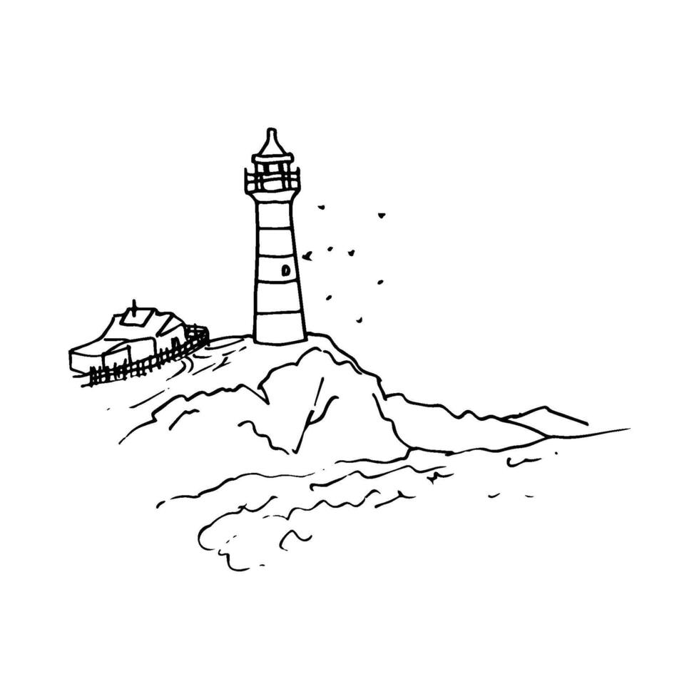 lighthouse on the edge of a rocky coast with circling seagulls and a house next to a fence - hand drawn outline drawing vector