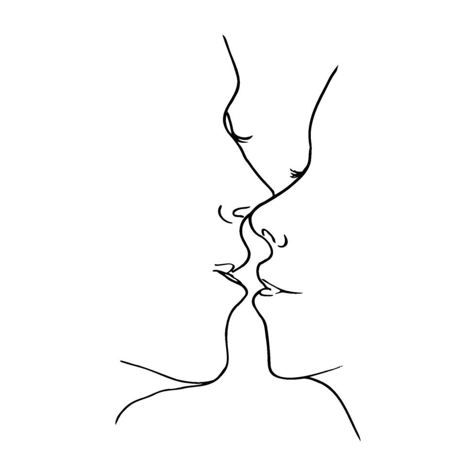 male and female face face to face. near kiss - hand drawn line art vector