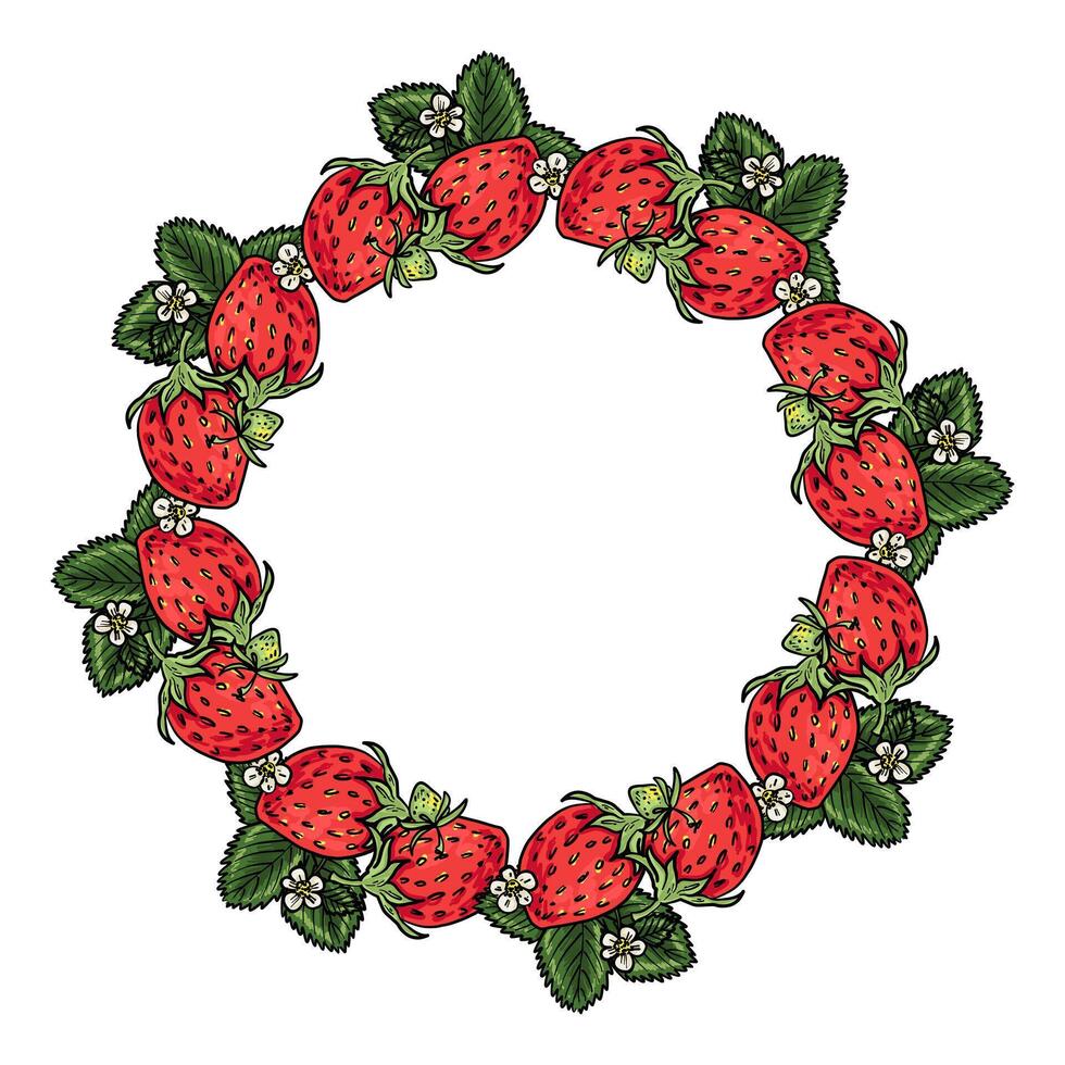 Circular wreath made of ripe strawberries, green leaves, and white flowers. Perfect for labels, packaging, invitations, and summer-themed decor. vector