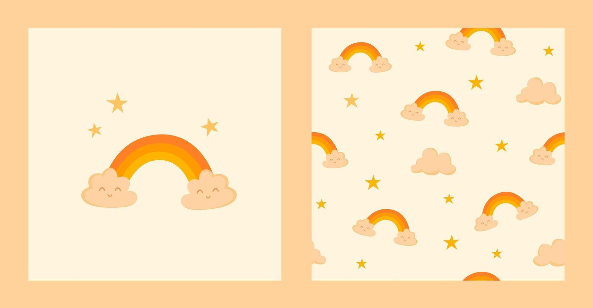 Seamless boho pattern with a cute, kawaii rainbow with clouds and stars in beige and yellow. Ideal for prints for children's clothing, pyjamas, wrapping, invitations, cards, newborn textiles, nursery vector