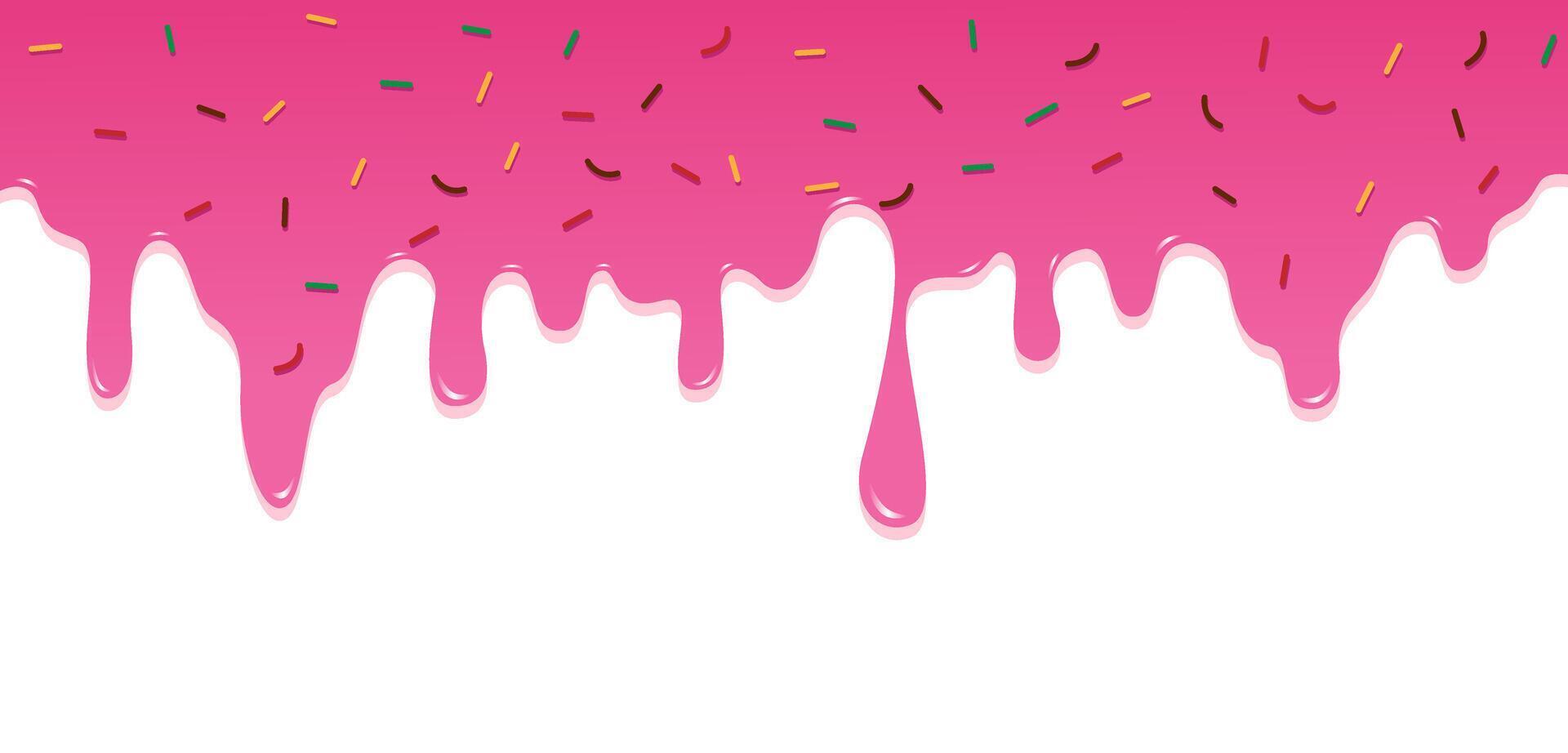 Cartoon style illustration of shiny pink icing drip with rainbow sprinkles. Ideal for bakery graphics, social media posts, dessert websites, or kids party materials vector