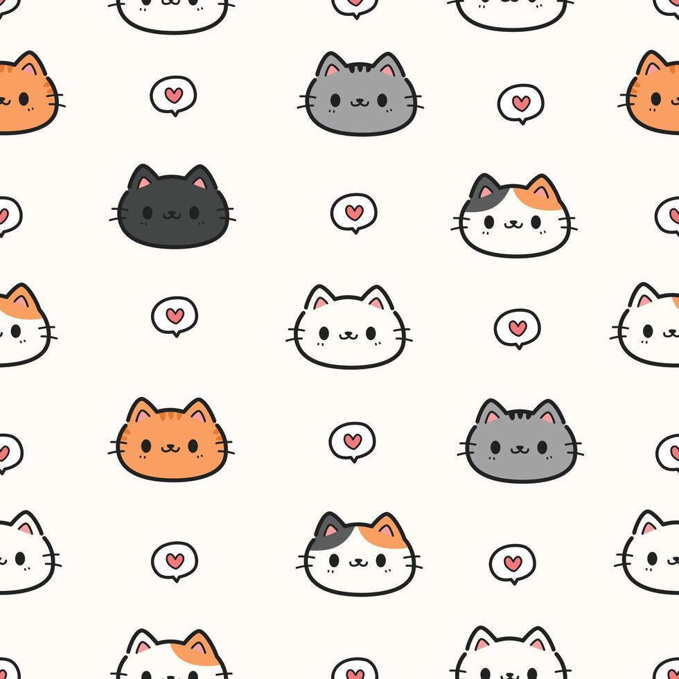Seamless pattern background with cute cats face cartoon doodle on white, Childish animal pattern for kids vector