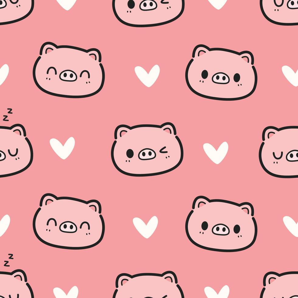 Seamless pattern background with cute pig face with hearts cartoon doodle on pink, Childish animal pattern for kids vector