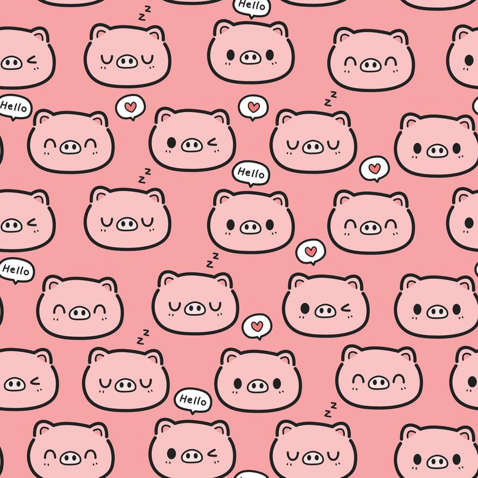 Seamless pattern background with cute pig face cartoon doodle on pink, Childish animal pattern for kids vector
