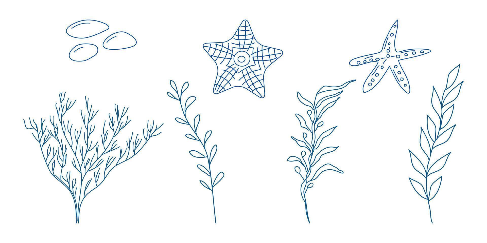 Marine elements doodle style set in blue.,,, vector