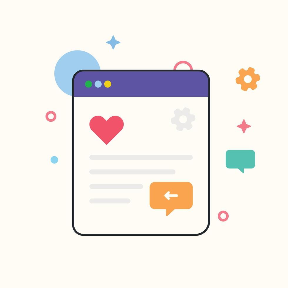 Purple Webpage Interface with Red Heart Gear Icon Left Arrow Orange Speech Bubble Light Blue Circles vector