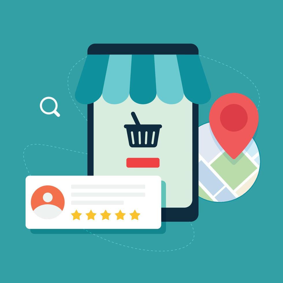 Smartphone App Online Store Location Map Teal Background Five Star Review Shopping Cart Icon vector