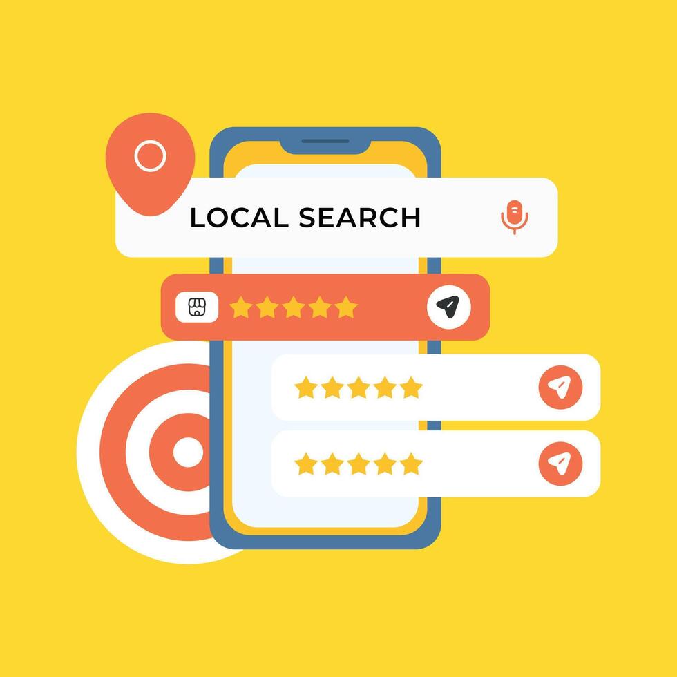 Smartphone Displaying Local Search Results with Five Star Ratings and Location Pin Icon on vector