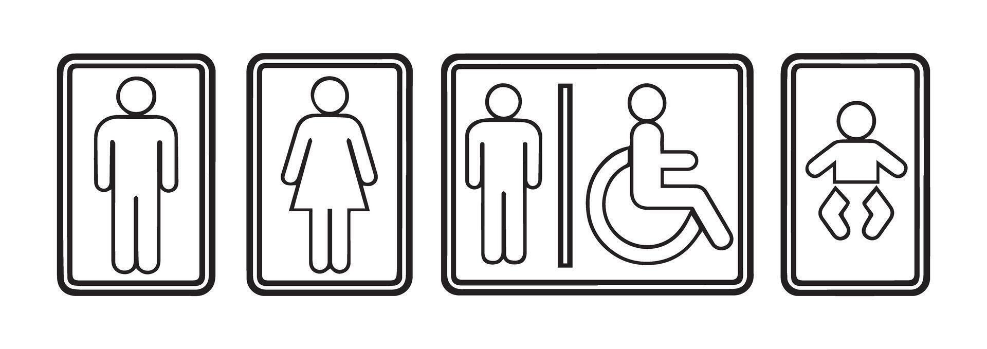 Restroom Symbols Set Male Female Disabled Baby Icons Black White Line Art Graphic vector