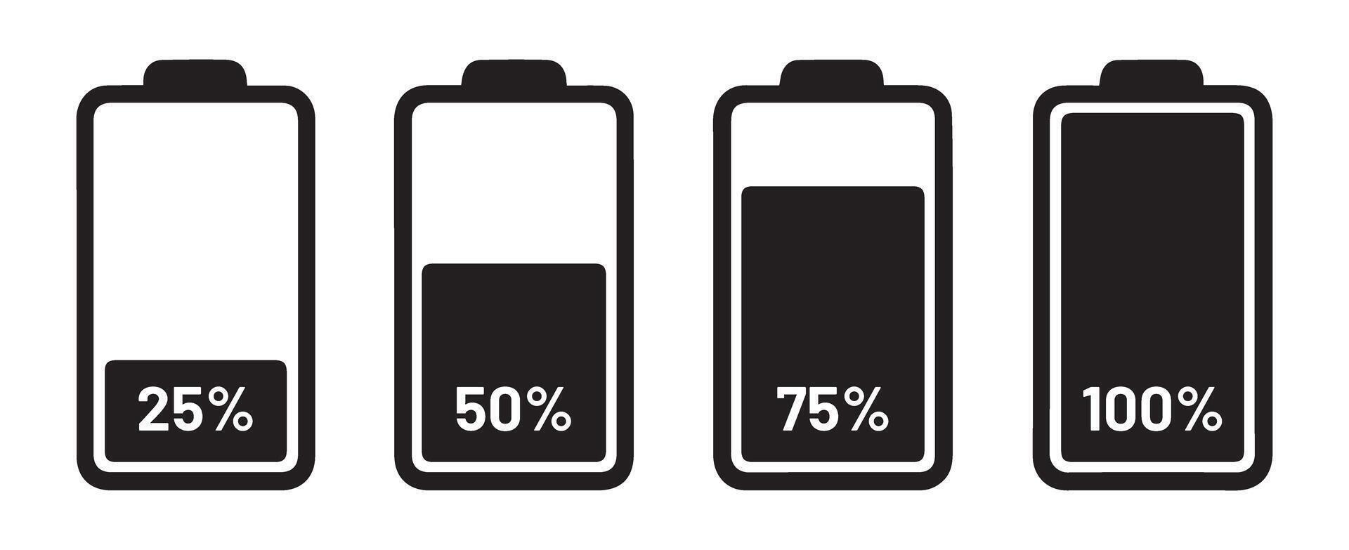 Four Black Battery Icons Showing 25 50 75 and 100 Percent Charge Levels vector