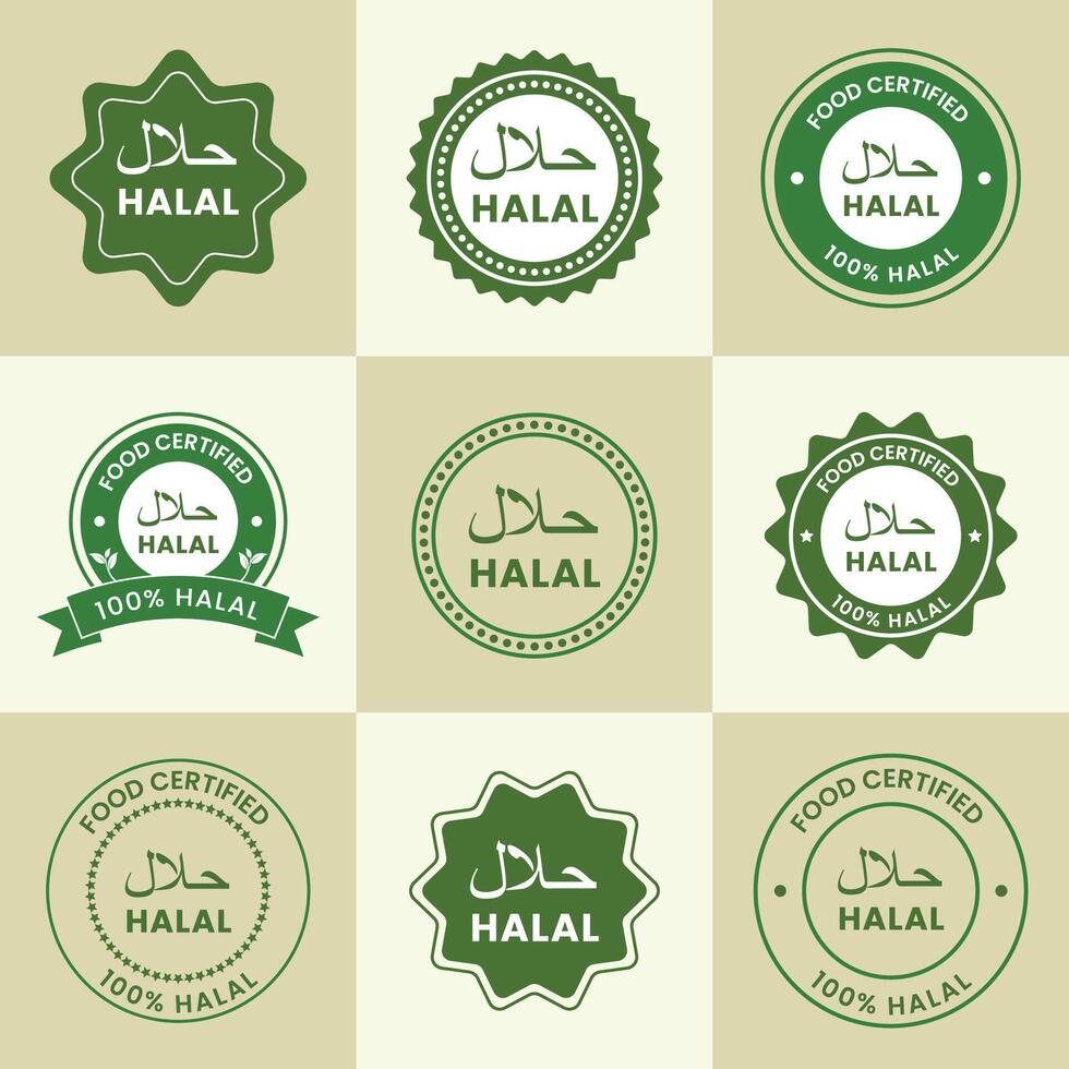 Nine Green Halal Food Certified Labels Variations Arabic English Text vector