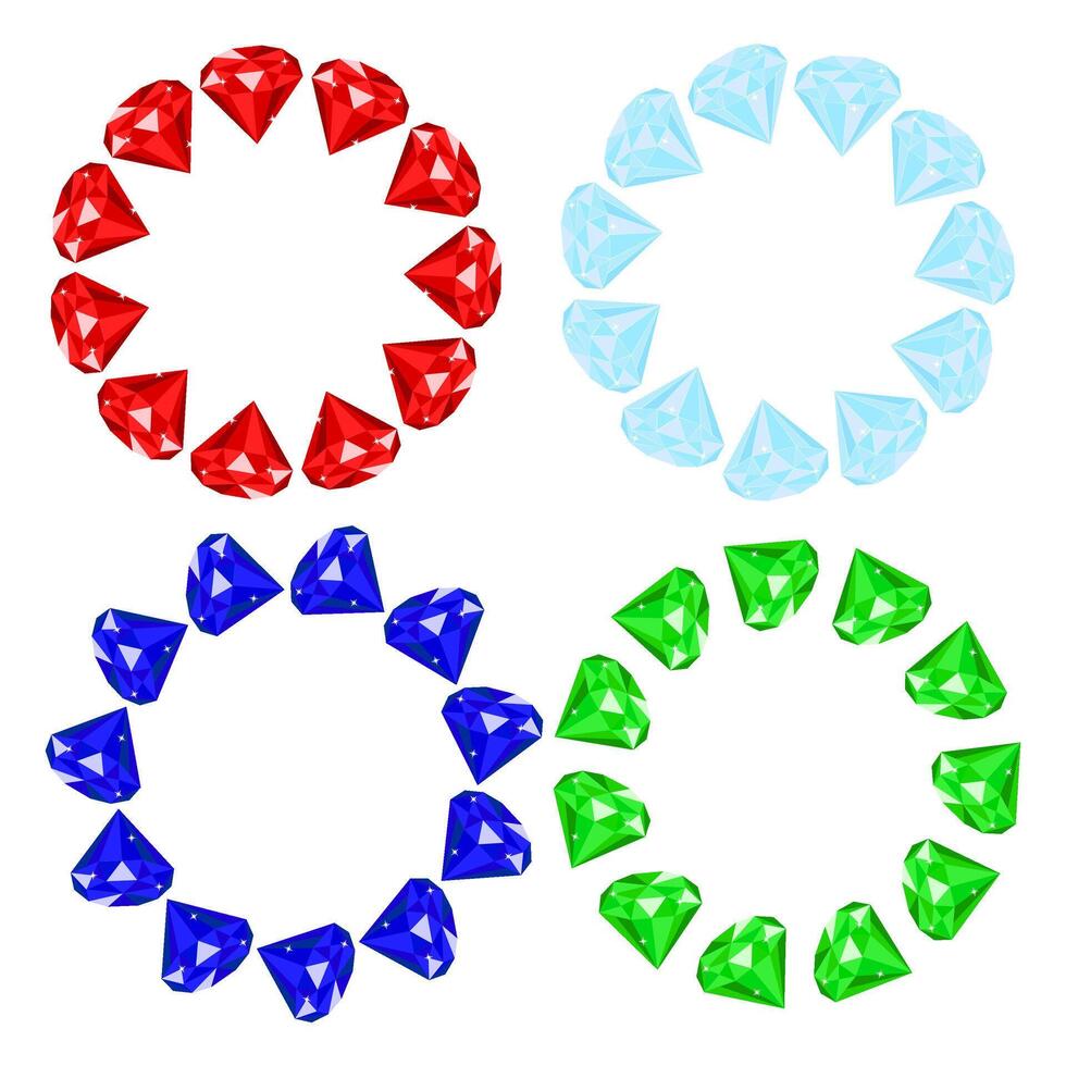 Set round frames with precious stones. Sparkling diamonds, sapphires, emeralds, ruby. For invitations, packaging, greeting cards. Space for text. vector