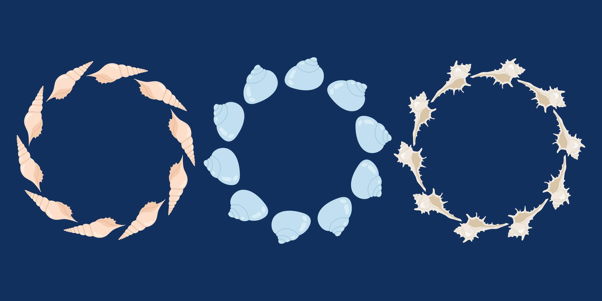Seashell wreaths collection. Nautical marine decorative circle frames. Set summer frames. Space for text. For kids projects, greeting cards and ocean-themed designs. vector