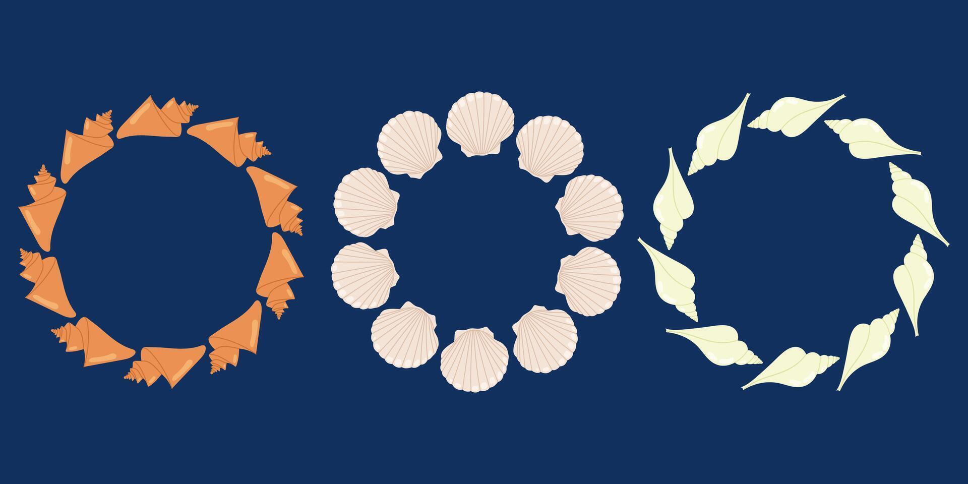 Seashell wreaths collection. Nautical marine decorative circle frames. Set summer frames. Space for text. For kids projects, greeting cards and ocean-themed designs vector
