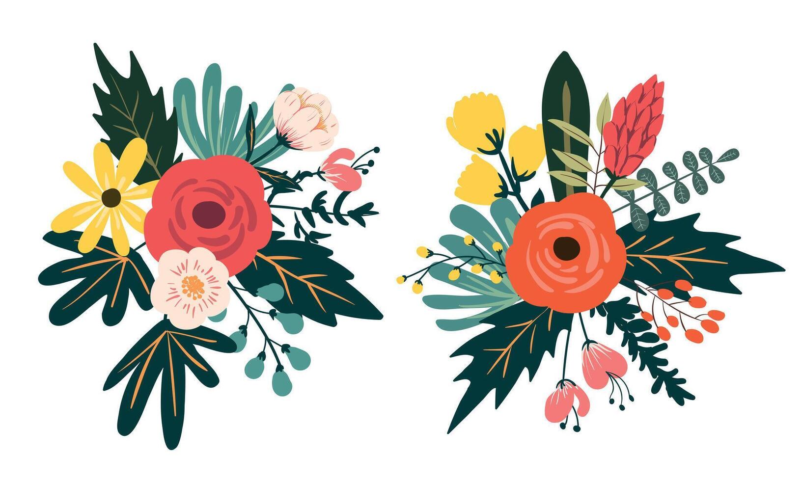 Stylized blush pink flowers, roses, emerald greenery and eucalyptus wedding bouquets set. Blooming garden illustration set vector