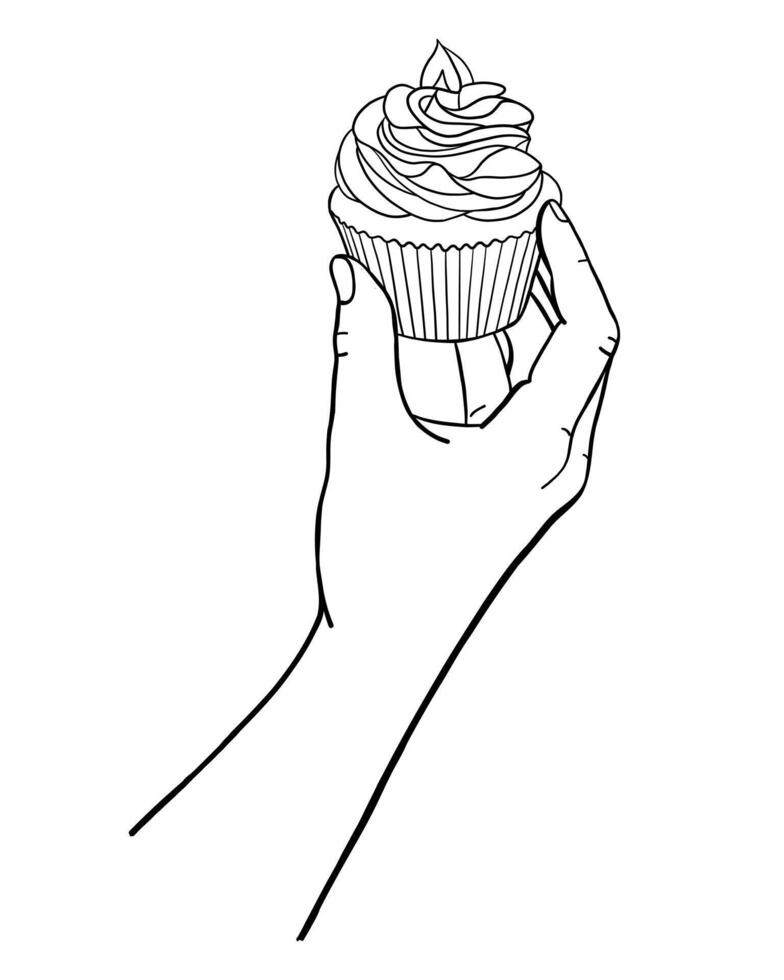 Human Hand Holding Cupcake, Muffin Line Illustration vector