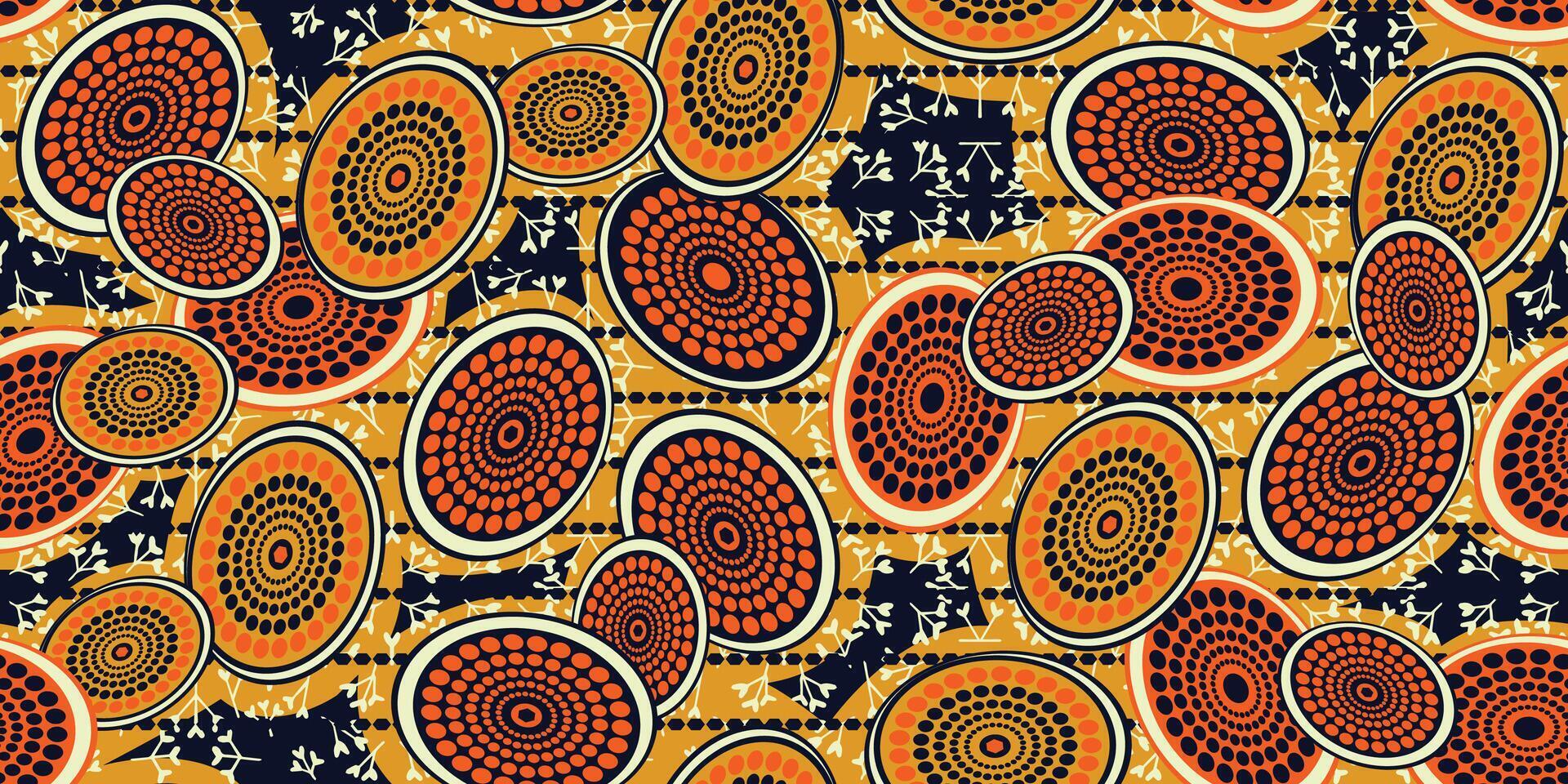 African ethnic traditional orange pattern. seamless beautiful Kitenge, chitenge style. fashion design in colorful. Geometric circle abstract motif. Floral Ankara prints, African wax prints. vector