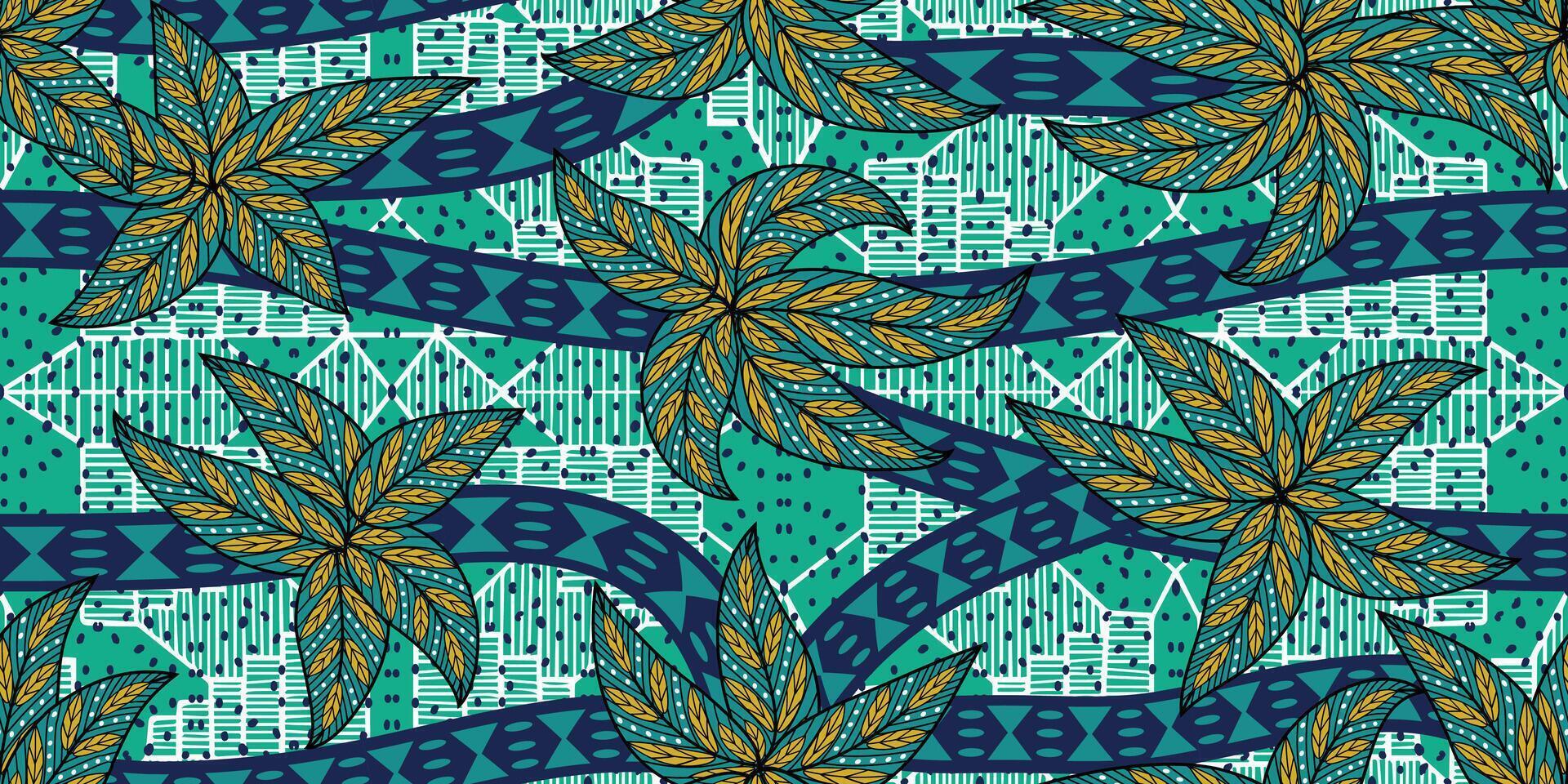African ethnic traditional blue, green pattern. seamless beautiful Kitenge, chitenge, dutch wax style. fashion design in colorful. botanical abstract motif. floral Ankara prints, African wax prints. vector