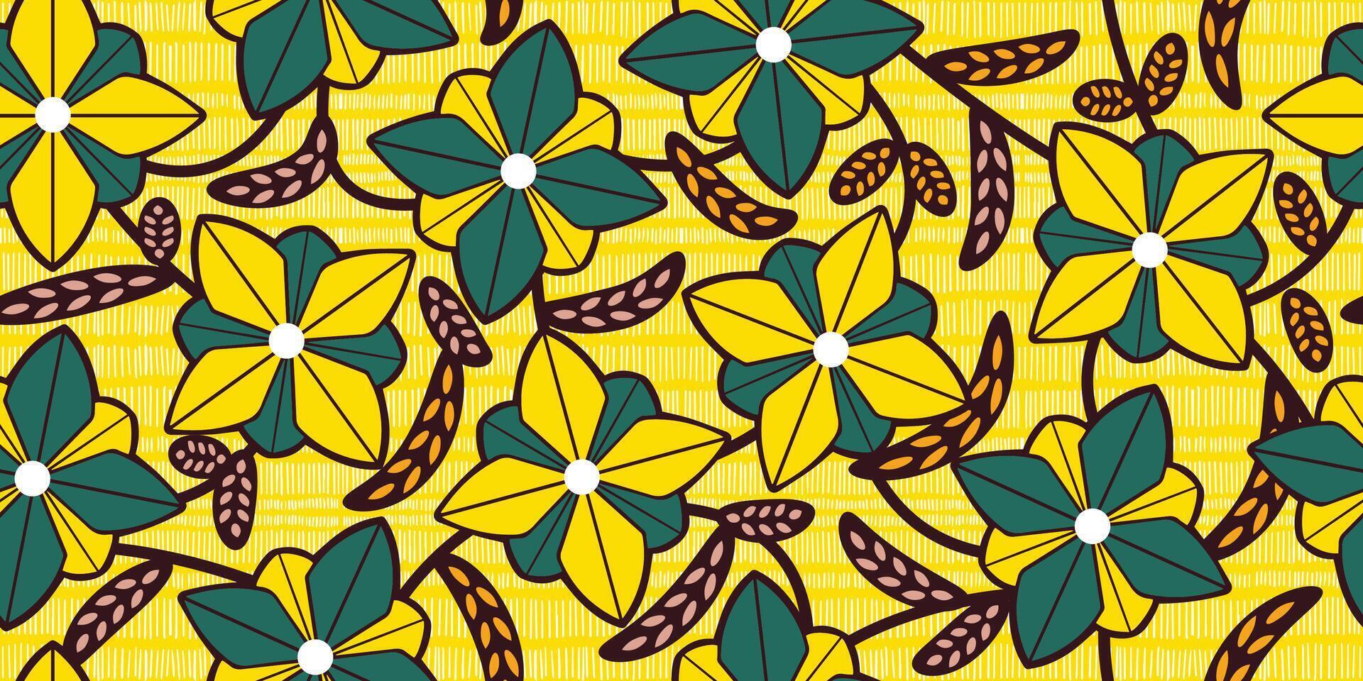 African ethnic traditional yellow,yellow pattern. seamless beautiful Kitenge, chitenge, dutch wax style. fashion design in colorful. botanical abstract motif. floral Ankara prints, African wax prints. vector