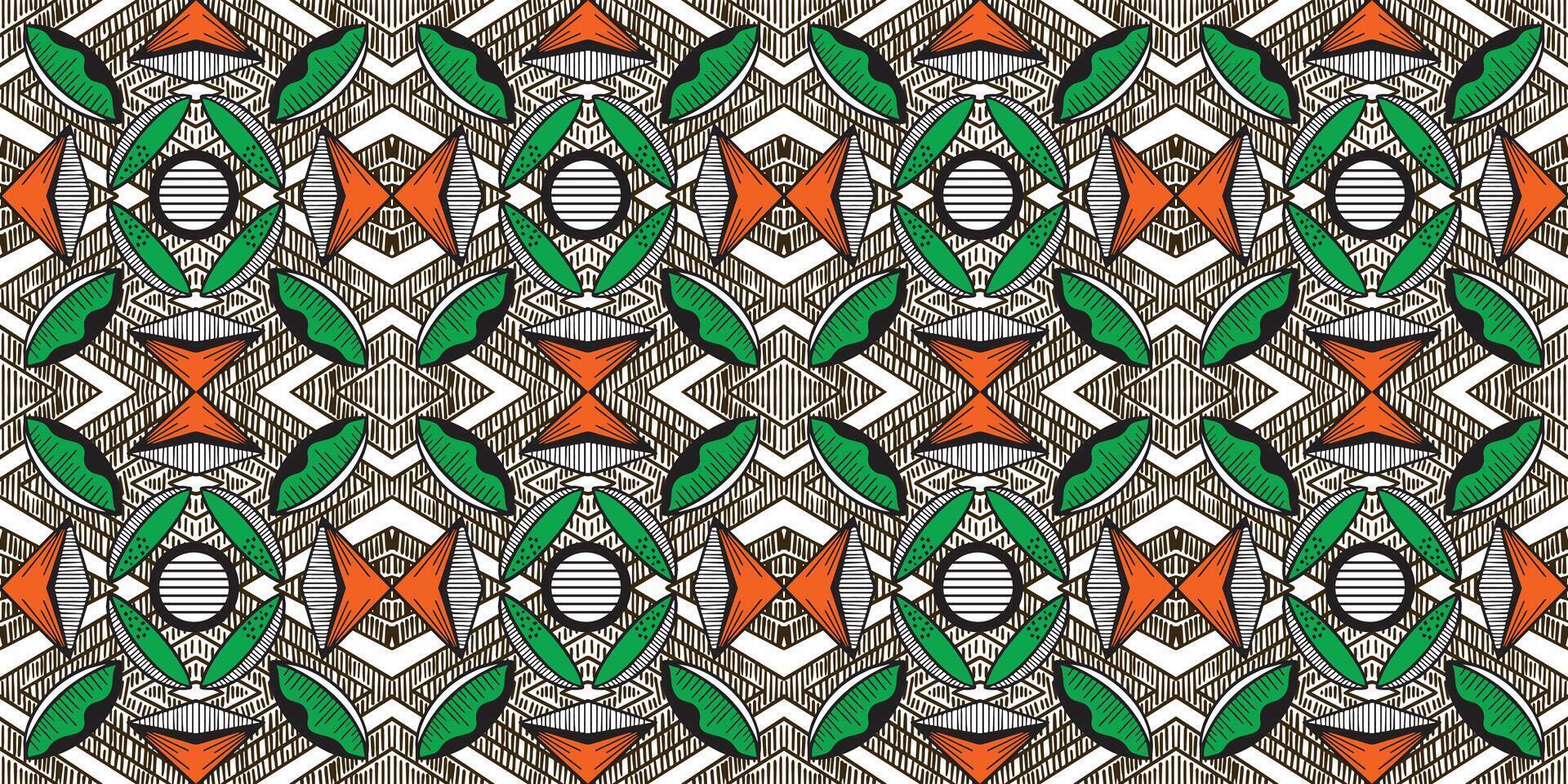 African ethnic traditional green, orange white color pattern. seamless beautiful Kitenge, chitenge style. fashion design in colorful. Geometric abstract motif. Ankara prints, African wax prints. vector