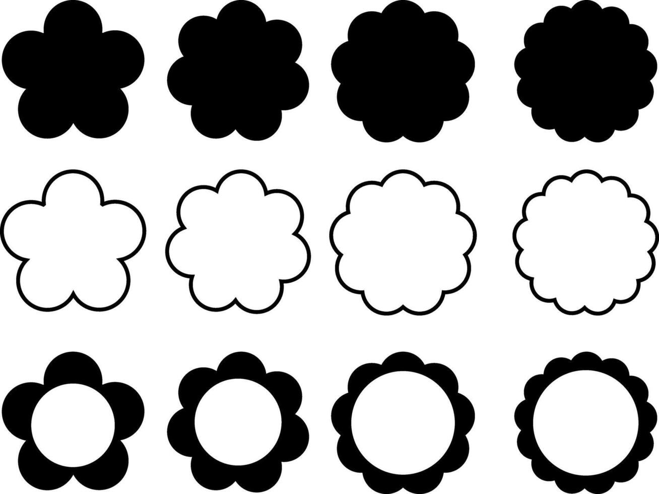 Circle and scalloped frames. oval and square scalloped frames. Scallop edge shape set. Geometric shapes with scallop and zigzag edges vector