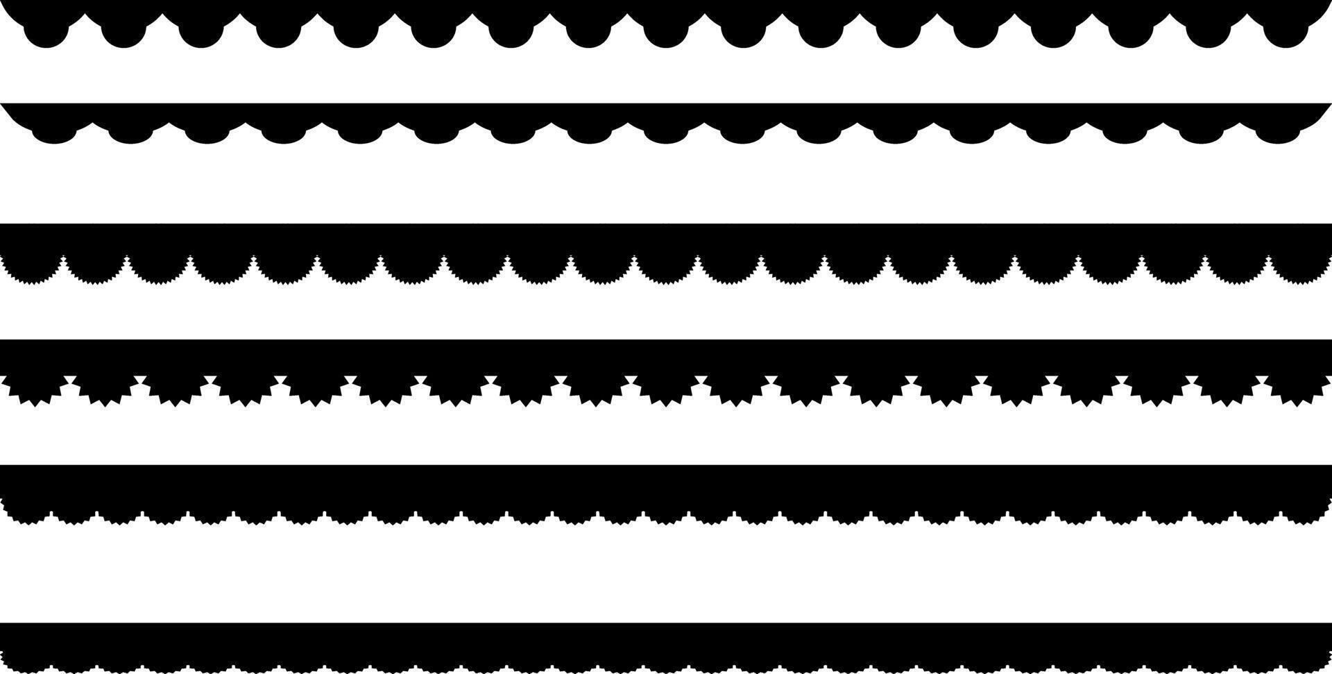 Scalloped seamless set. scallop edge lace borders. Repeat cute vintage frill ornaments. Texture ribbons. black repeated squiggle stroke pack. vector