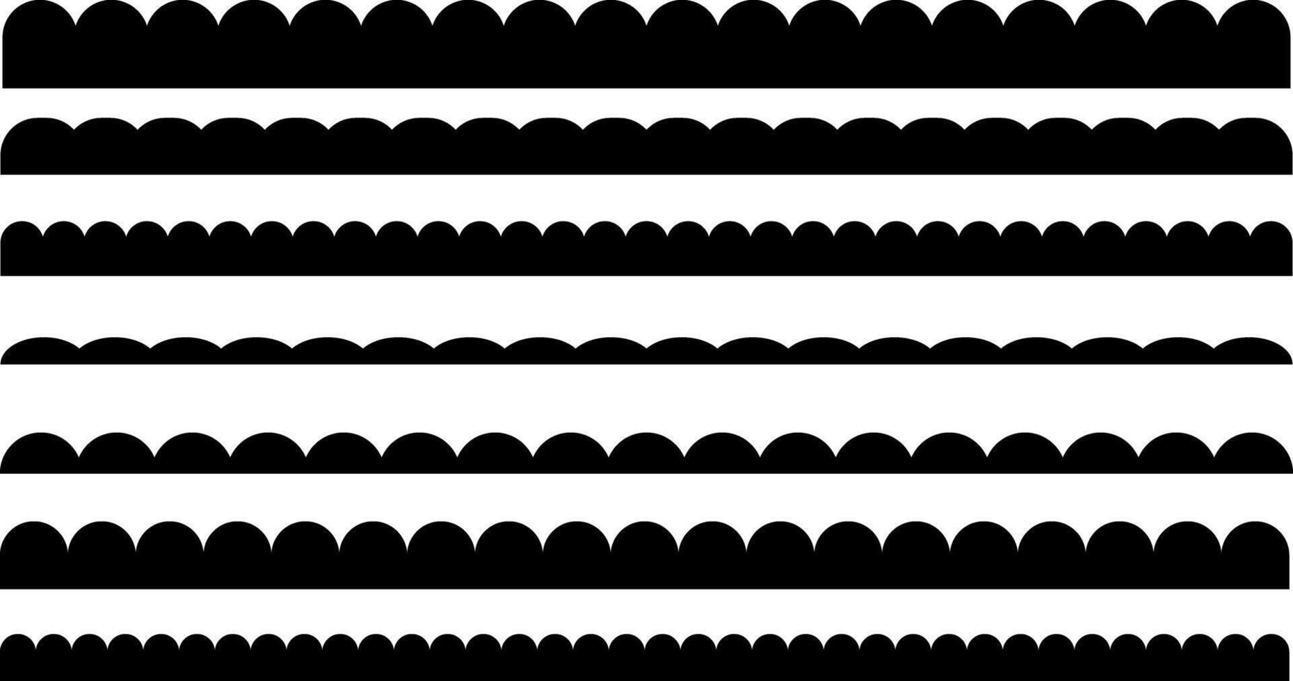 Scalloped seamless set. scallop edge lace borders. Repeat cute vintage frill ornaments. Texture ribbons. black repeated squiggle stroke vector
